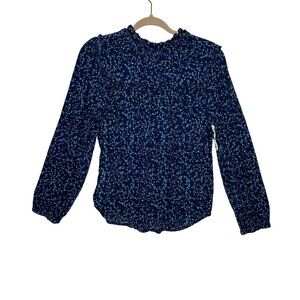 A.N.A Navy blue Vintage Floral High Neck Ruffle bib Boho Peasant blouse Women L